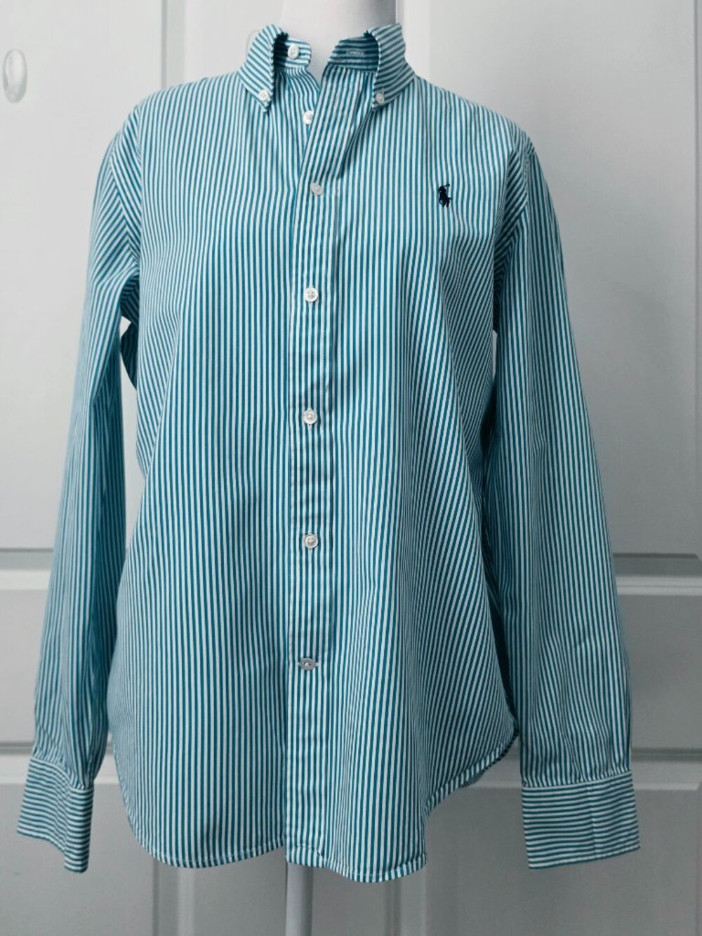 Ralph Lauren Blue Label Women's Teal & White Stripe shirt Slim fit Sz 14